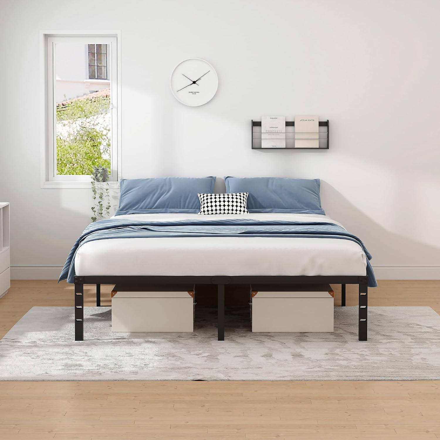NEW JETO Queen Size Metal Bed Frame w/Storage - Heavy Duty Sturdy Mattress Foundation (No Box Spring)