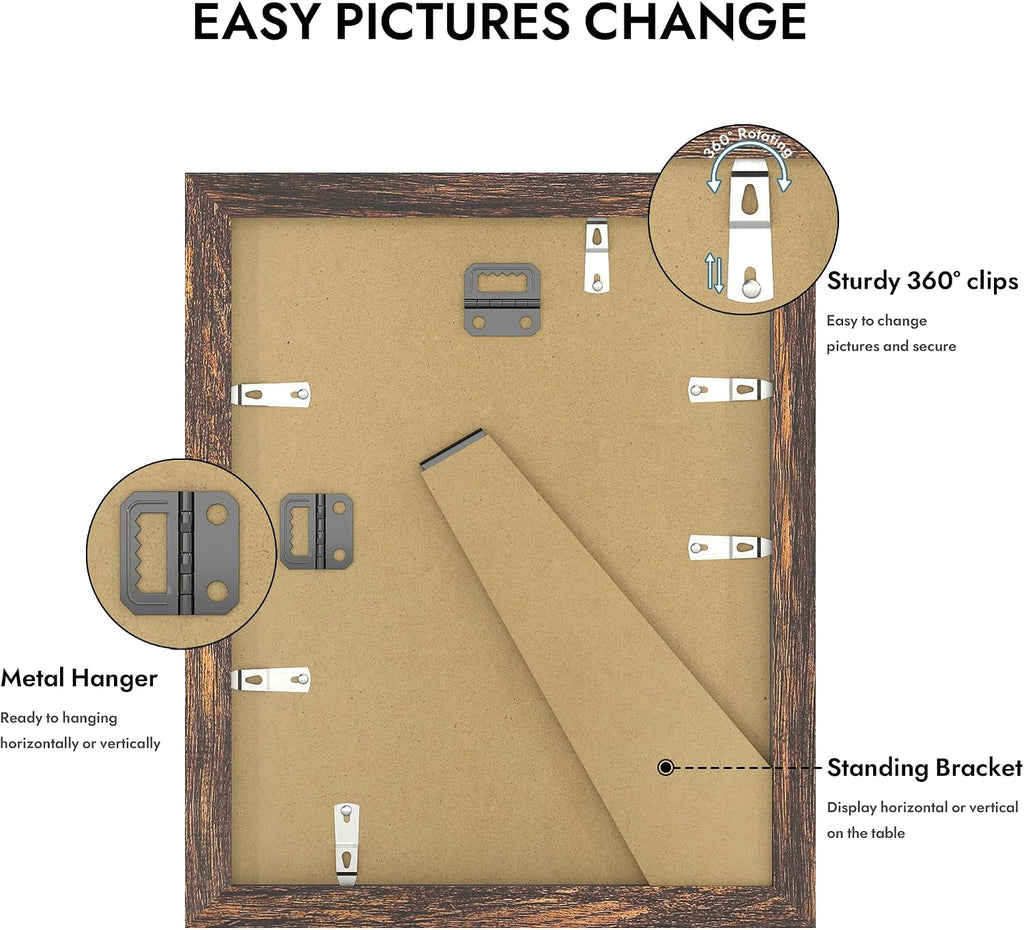 Hongkee 8x10 Wooden Picture Frame - Real Glass Rustic Brown, Wall/Tabletop Display