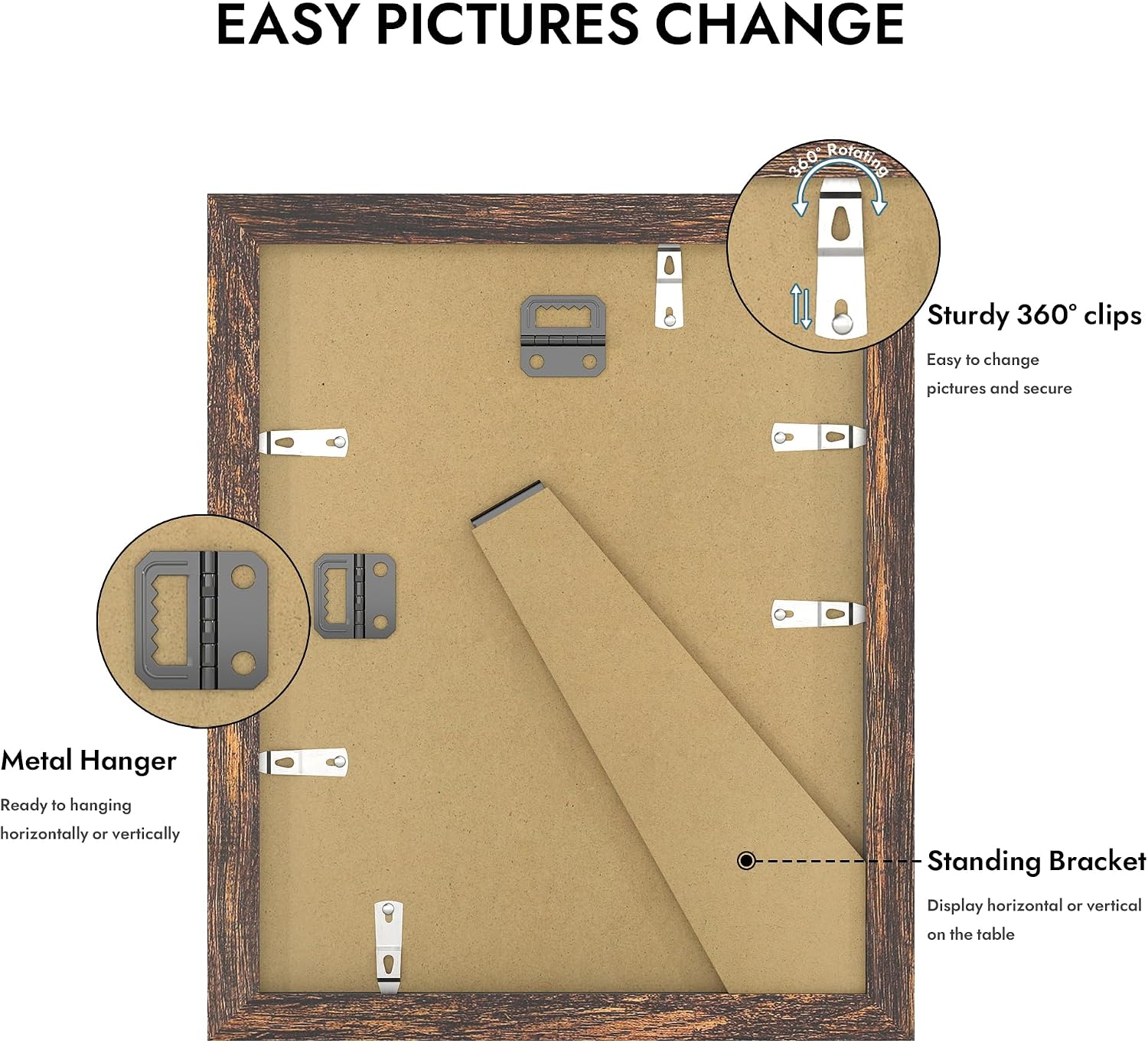 Hongkee 8x10 Wooden Picture Frame - Real Glass Rustic Brown, Wall/Tabletop Display