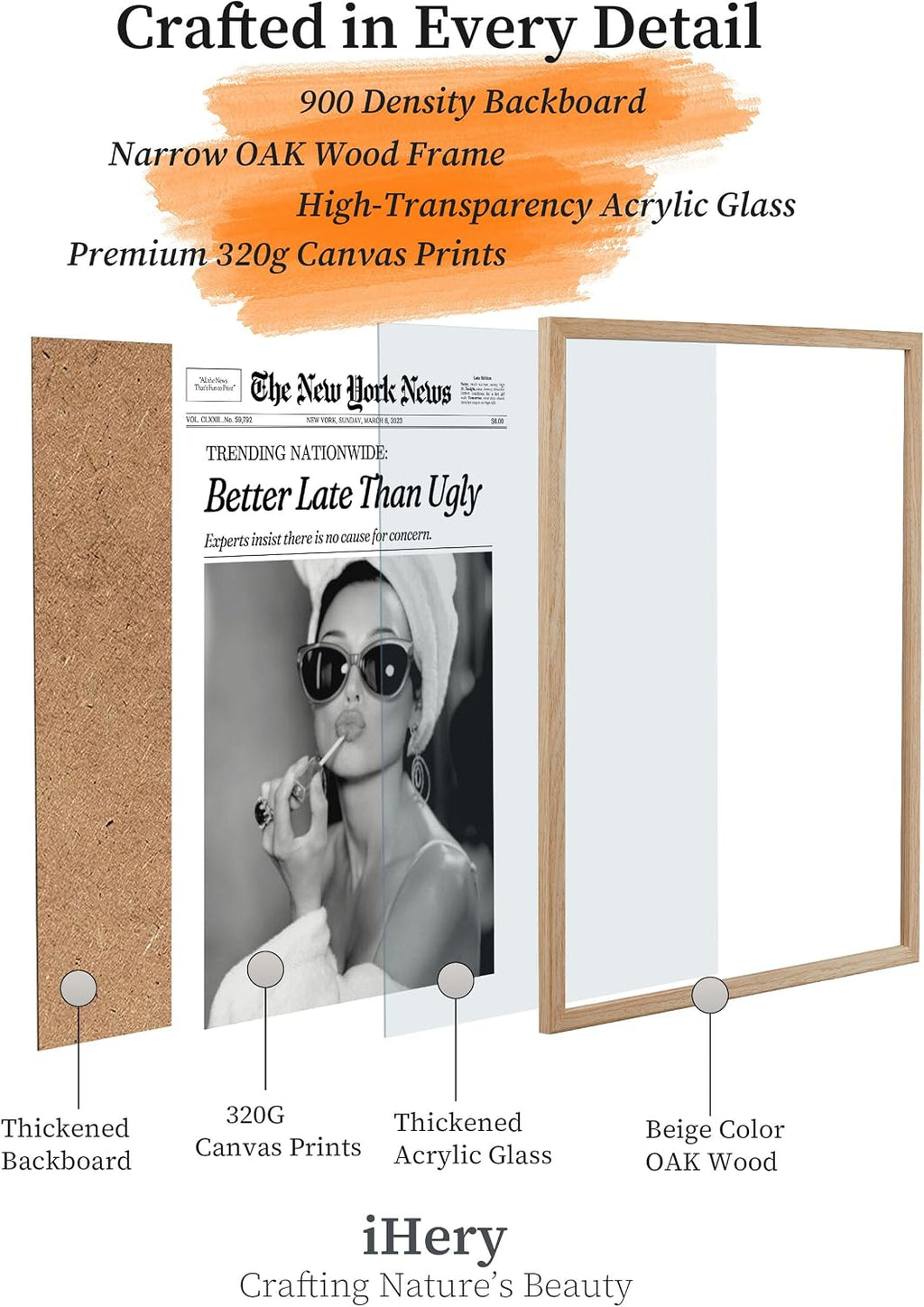 iHery Audrey Hepburn 'Better Late Than Ugly' Vintage Print Wall Art - Natural Oak Frame 12x16