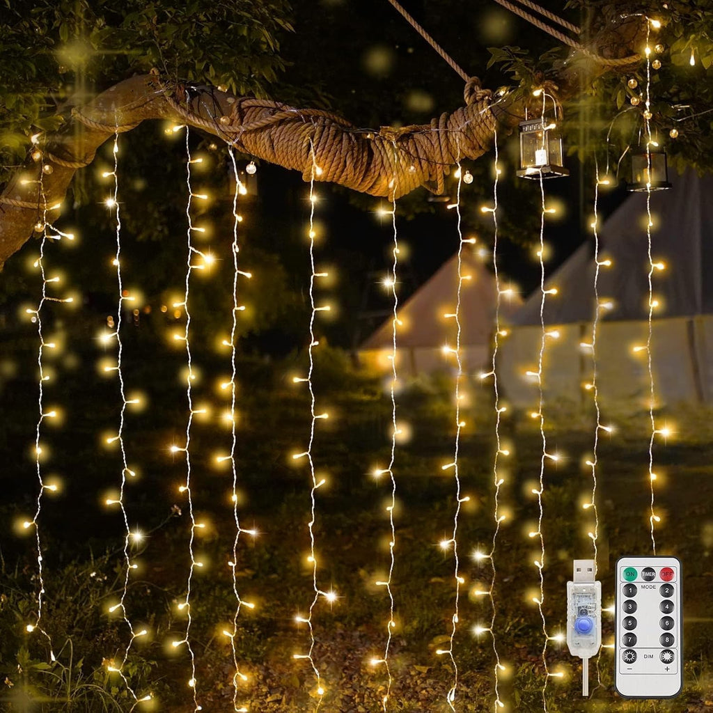 Suddus 200 LED Warm White Indoor/Outdoor Curtain Lights - Fairy String Lights for Bedroom, Christmas Decor