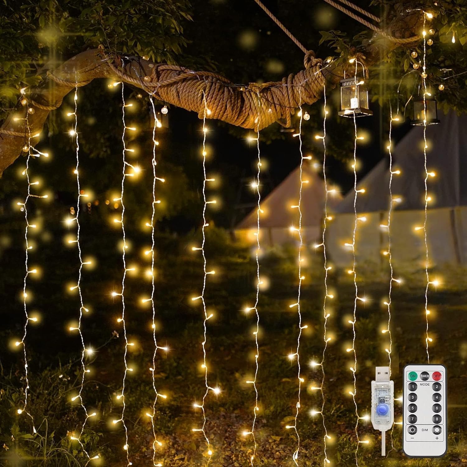 Suddus 200 LED Warm White Indoor/Outdoor Curtain Lights - Fairy String Lights for Bedroom, Christmas Decor
