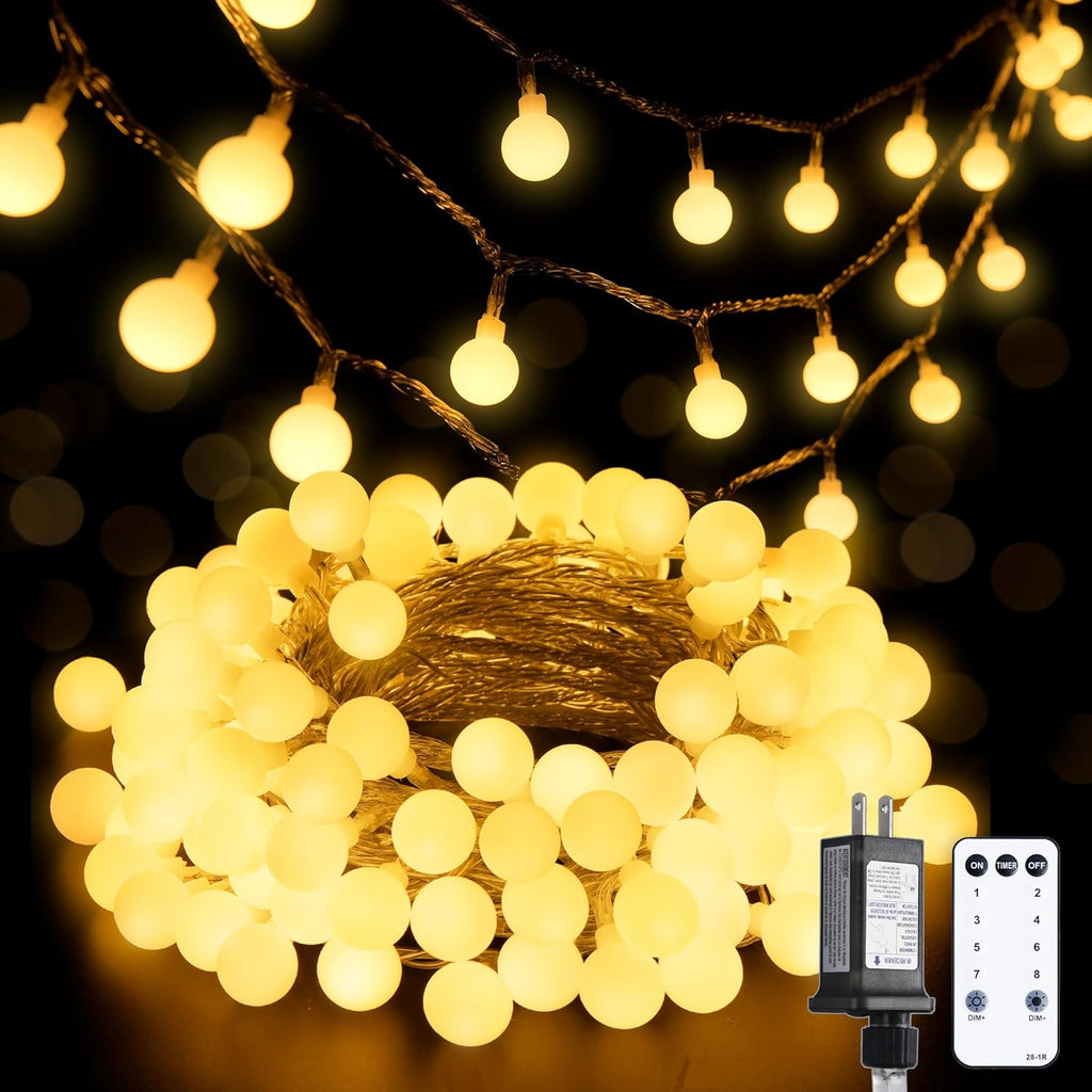 JMEXSUSS 100 LED Globe String Lights - 33ft Warm White Plug-in with Remote, 8 Modes