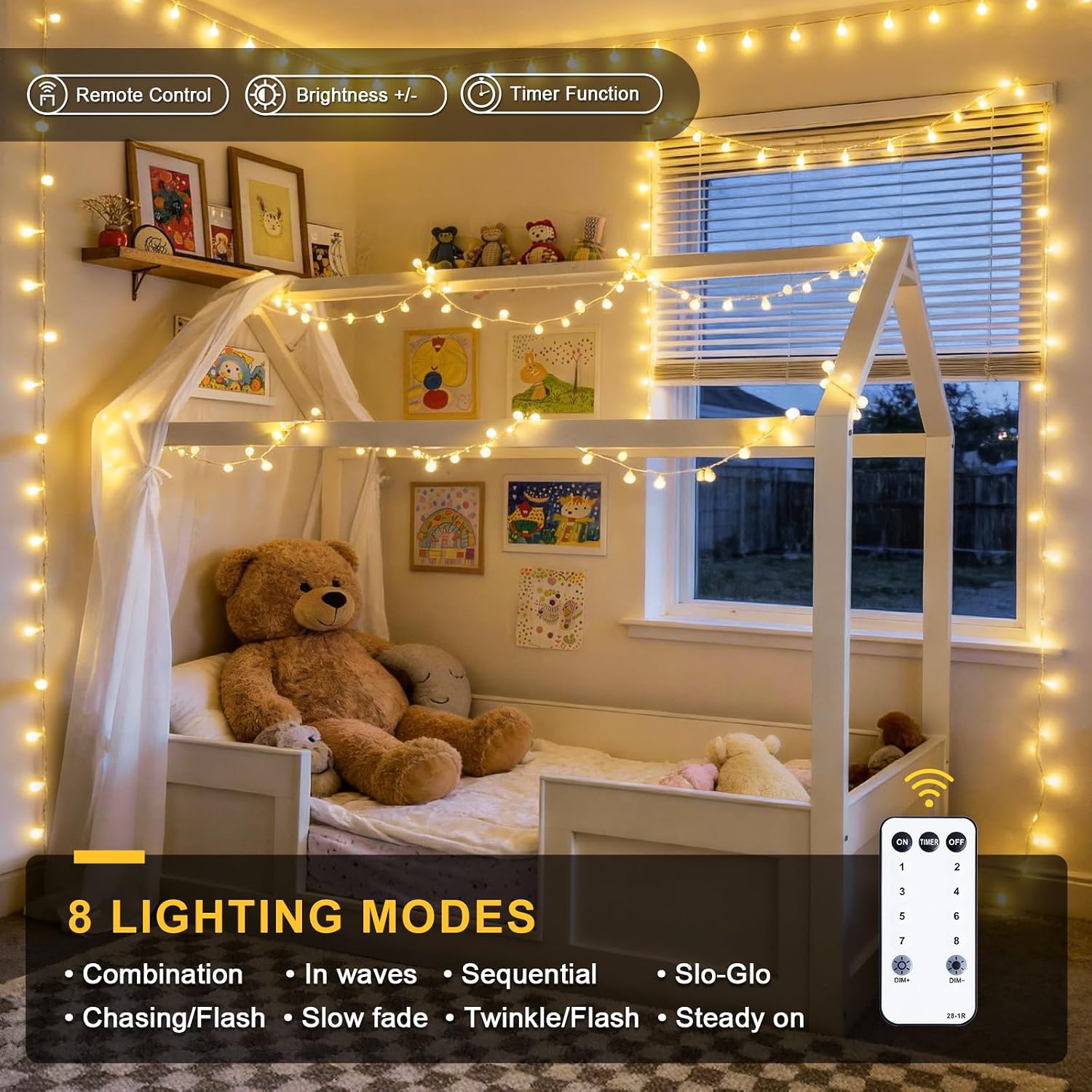 JMEXSUSS 100 LED Globe String Lights - 33ft Warm White Plug-in with Remote, 8 Modes