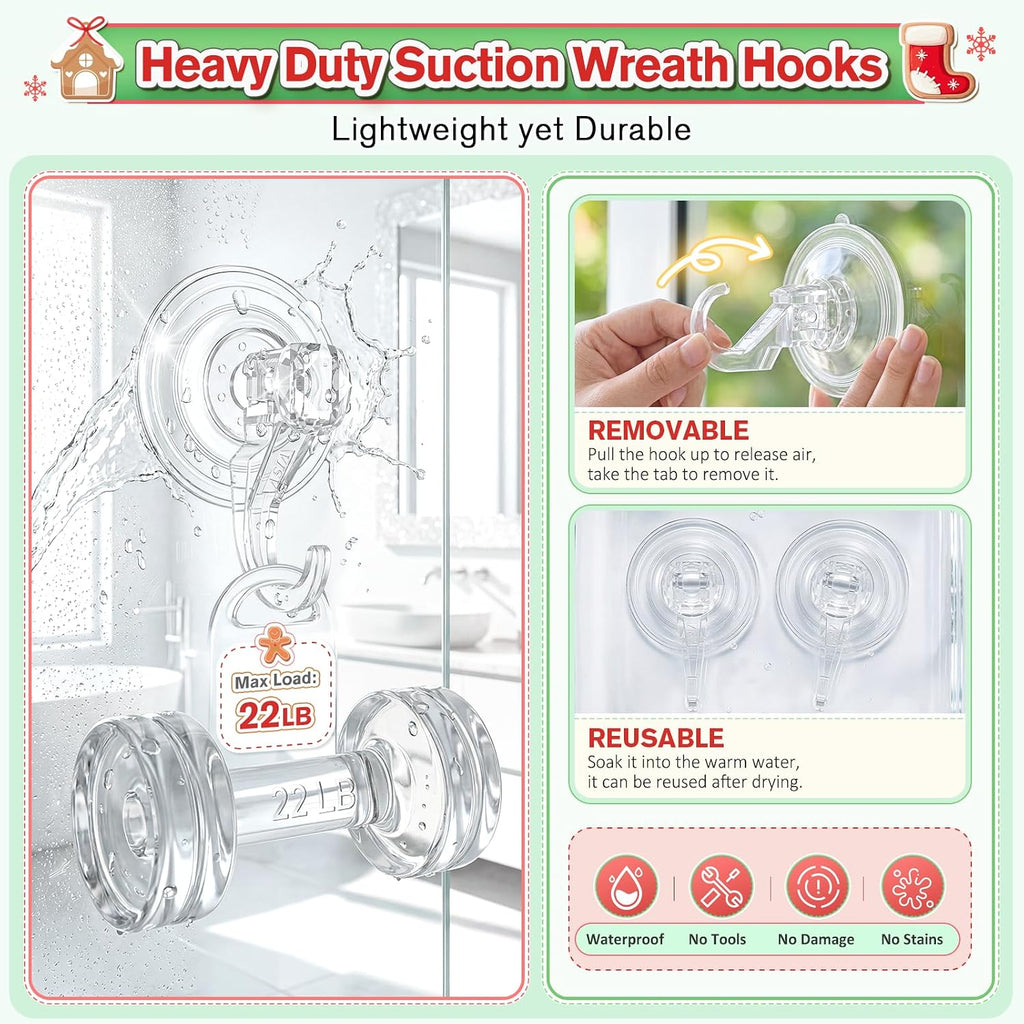 VIS'V Heavy Duty Clear Suction Wreath Hangers - 22 lb Capacity, 2 Pack
