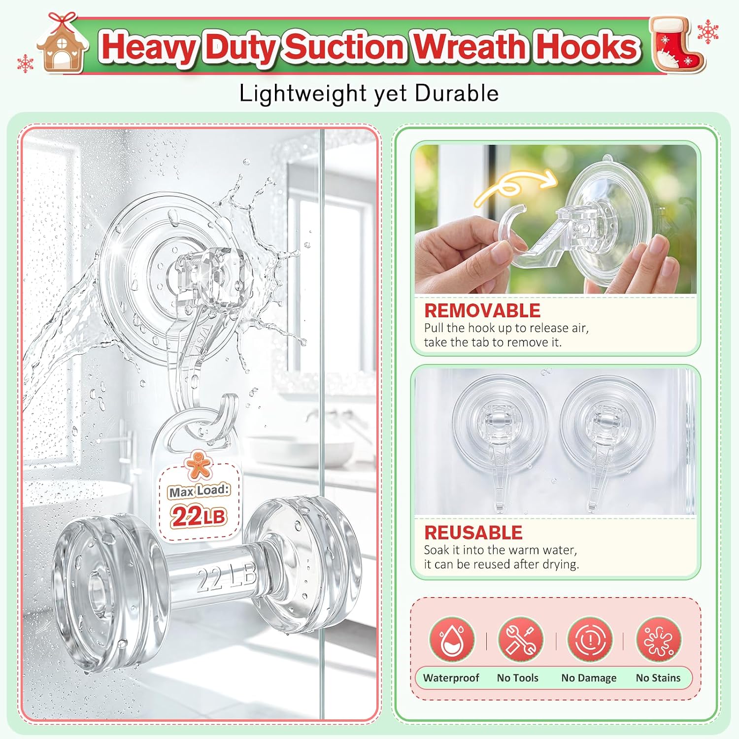 VIS'V Heavy Duty Clear Suction Wreath Hangers - 22 lb Capacity, 2 Pack