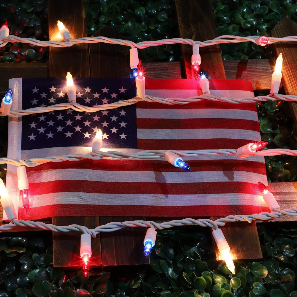 LAMPHOME 100-Count Red White Blue Patriotic String Lights - 19.6ft Waterproof 4th of July Decor