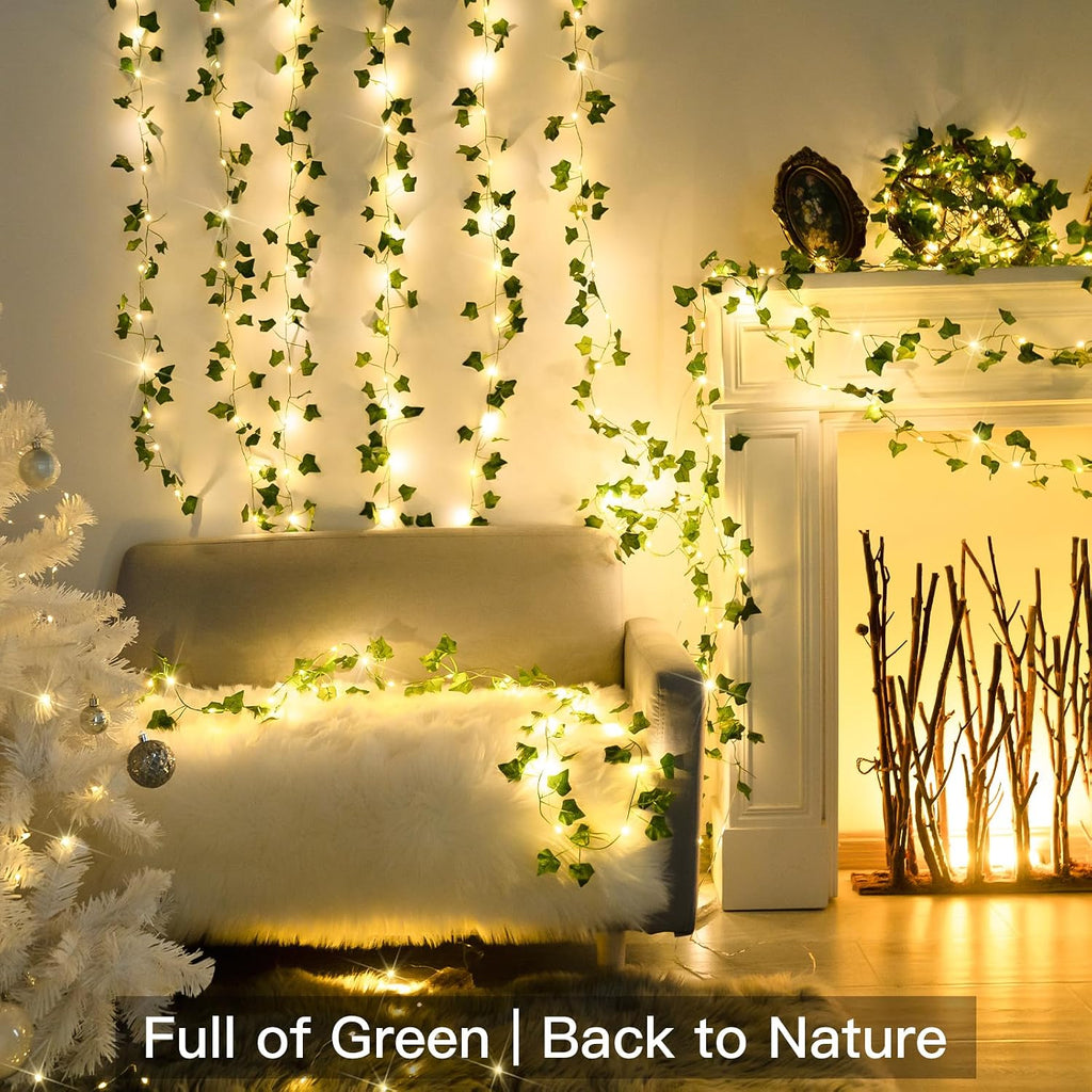 Suddus Battery-Operated Pothos Vine String Lights - 100 Warm White LEDs w/ Remote for Decor