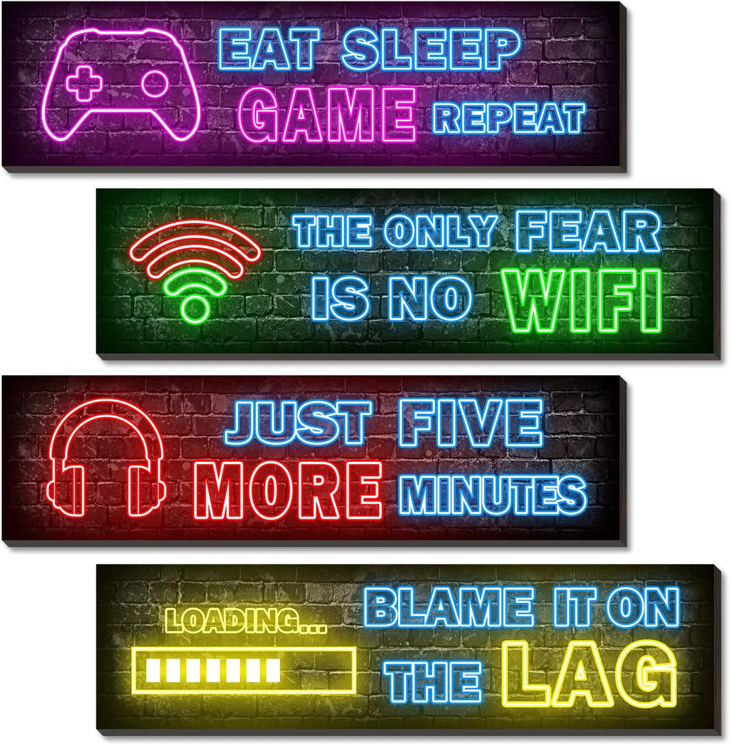 4-Piece Neon Gaming Wall Posters for Teen Boys' Rooms - Gamer Decor Set by Simimi Art