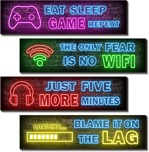 4-Piece Neon Gaming Wall Posters for Teen Boys' Rooms - Gamer Decor Set by Simimi Art