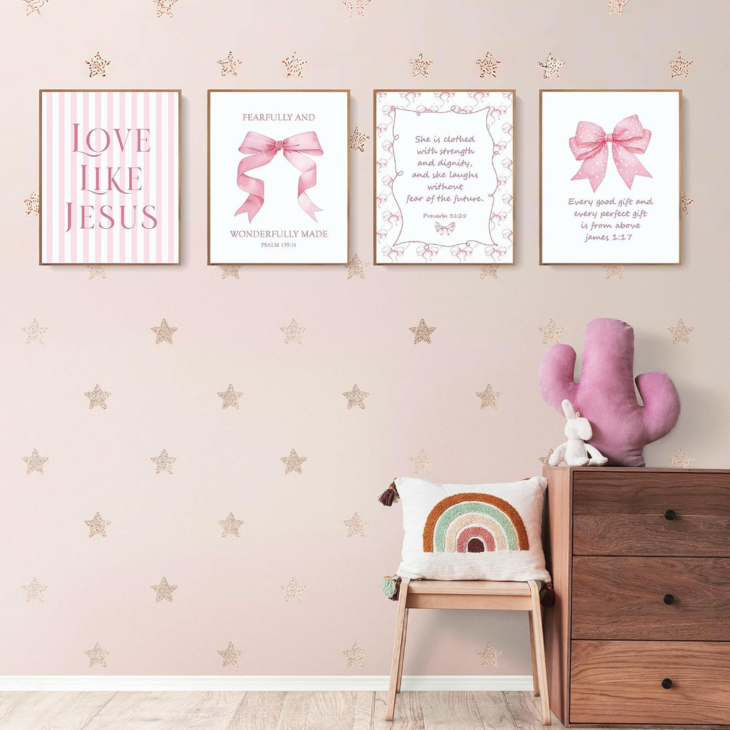 LARTSFRO Pink Bow Jesus Wall Art for Teen Girls - Set of 4 Unframed 8x10 Prints
