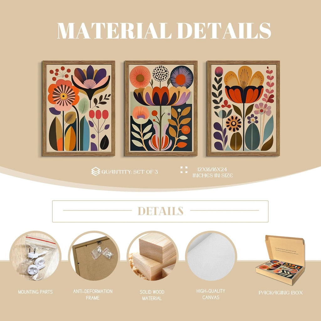 Fancynew Framed Floral Wall Art Set of 3 - Scandinavian Decor