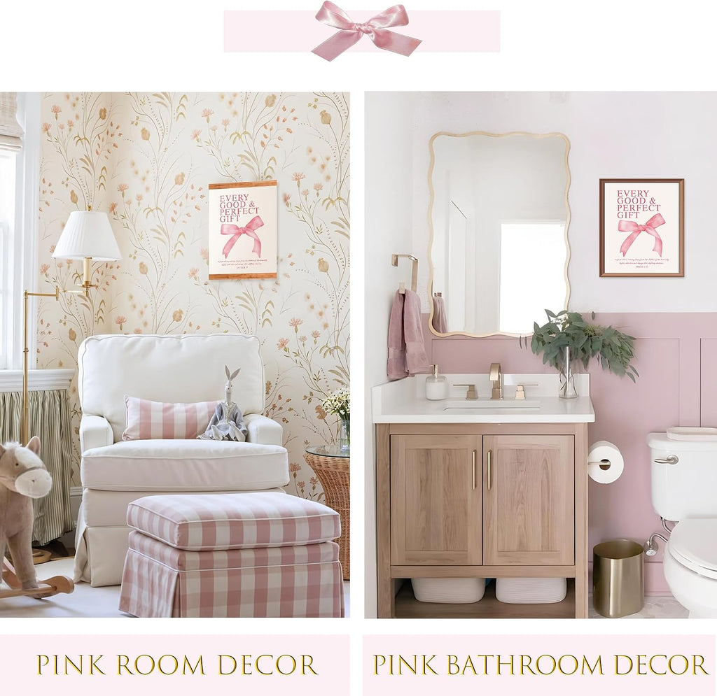 LARTSFRO Pink Bow Christian Wall Art Set - 8x10 Inch Unframed Prints for Girls Room Decor
