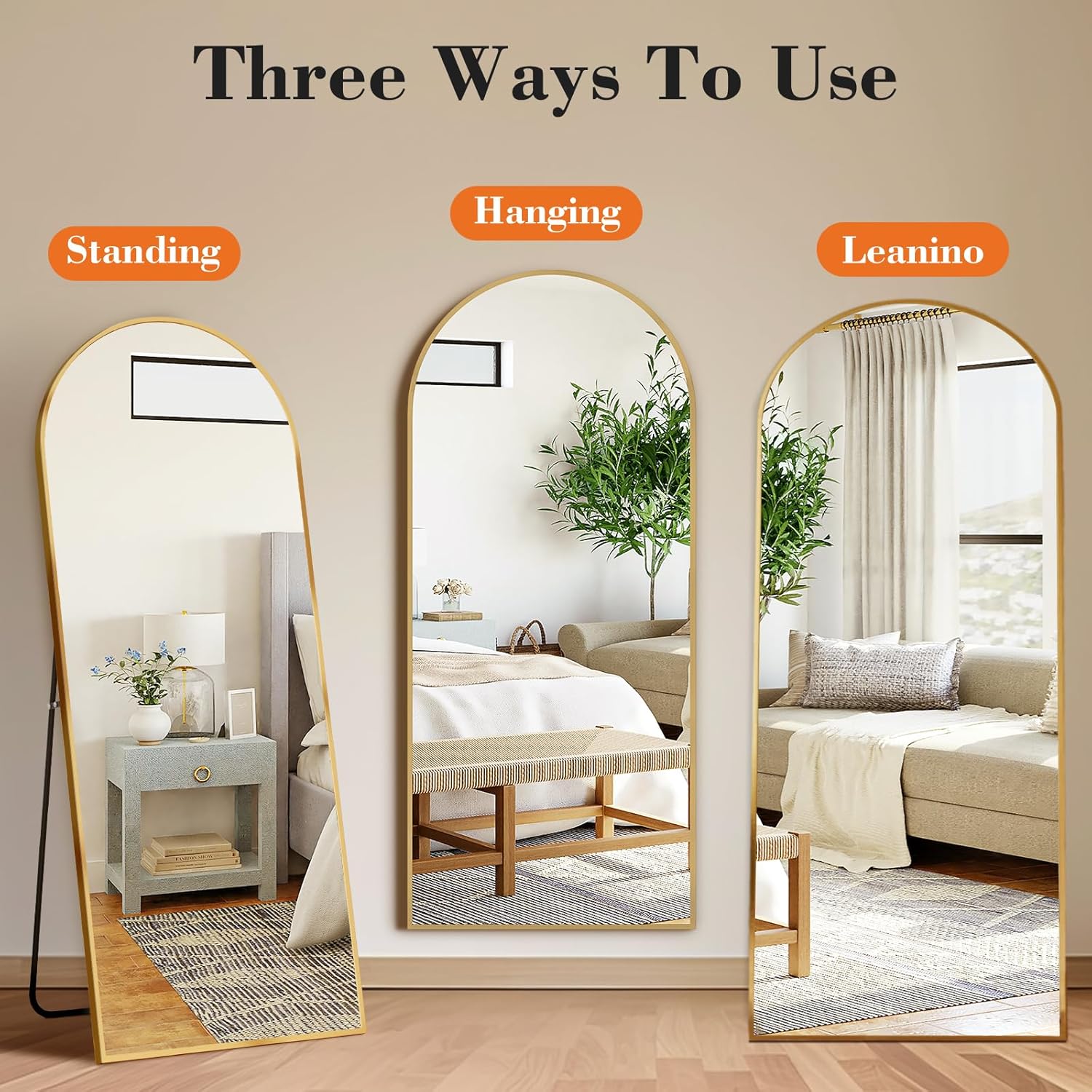 DUMOS Gold Arched Full Length Floor Mirror 64x21 - Shatterproof Modern Decor