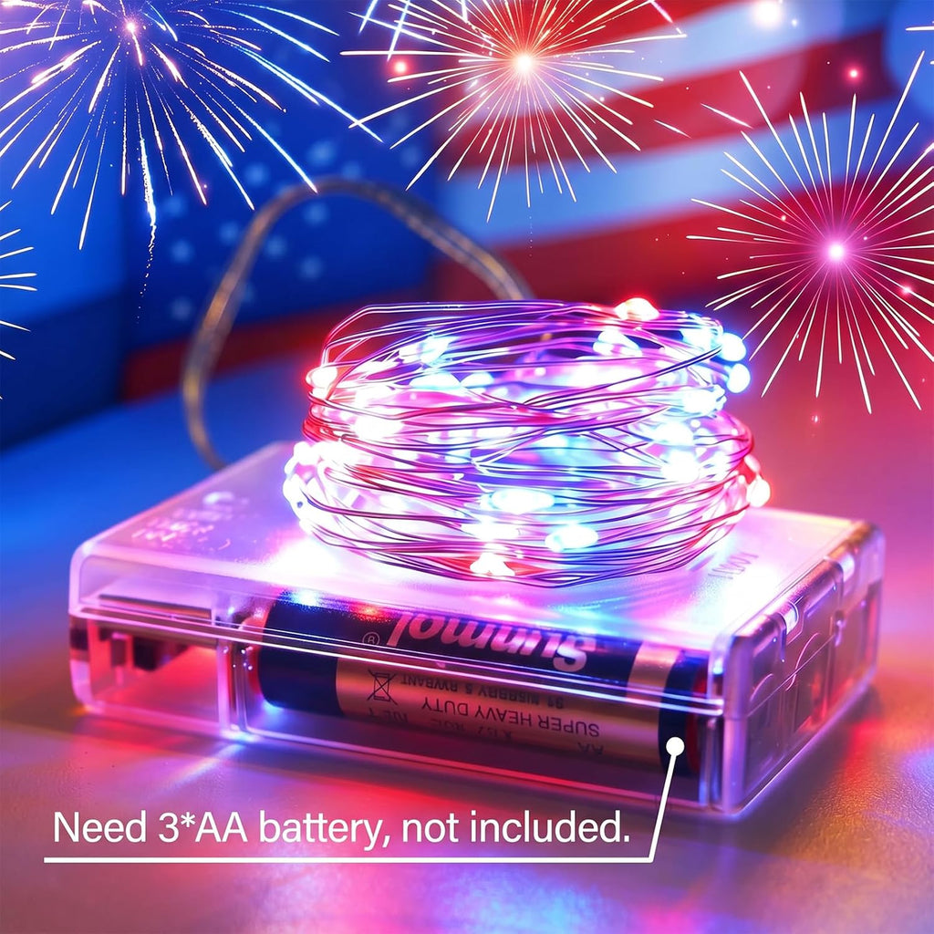 4th of July Patriotic Decorations - Red White Blue Battery String Lights (2 Pack, 33ft) by YAOZHOU