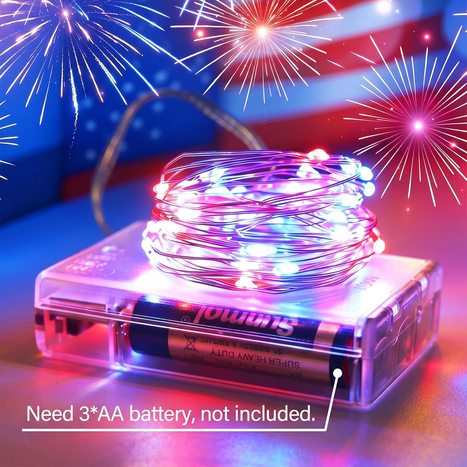 4th of July Patriotic Decorations - Red White Blue Battery String Lights (2 Pack, 33ft) by YAOZHOU