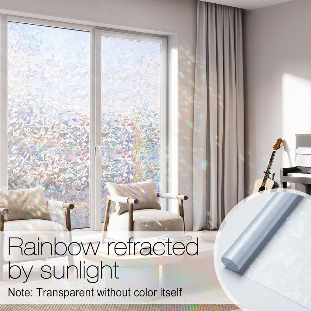 rabbitgoo Rainbow Window Film - Decorative Stained Glass Cling for Privacy & UV Protection