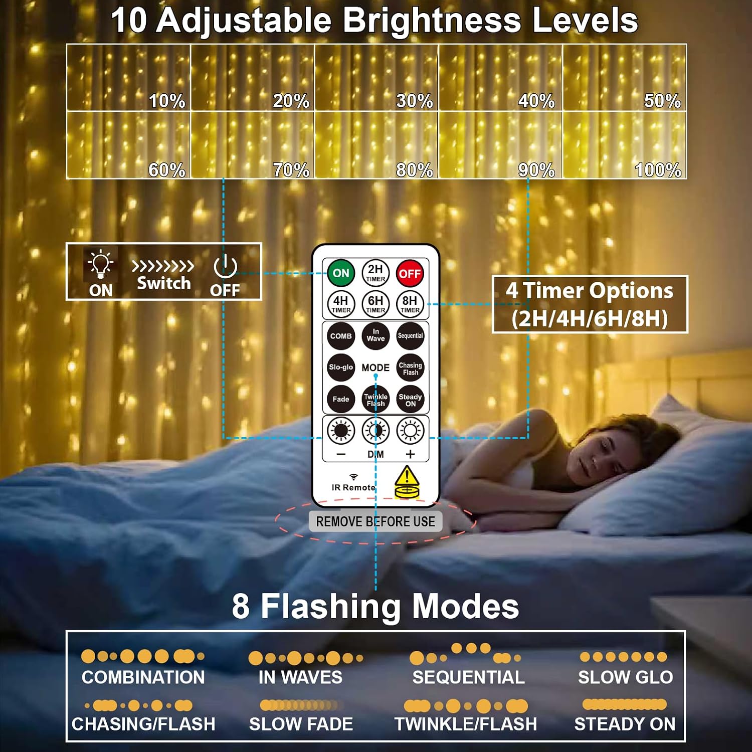 HXWEIYE 300 LED USB Fairy Curtain Lights - 9.8x9.8ft 8 Modes Remote for Bedroom Wedding Decor