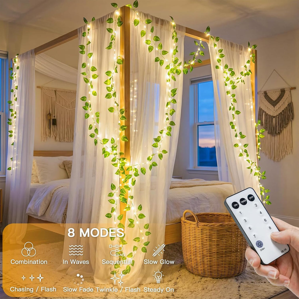 Suddus Battery-Operated Pothos Vine String Lights - 100 Warm White LEDs w/ Remote for Decor