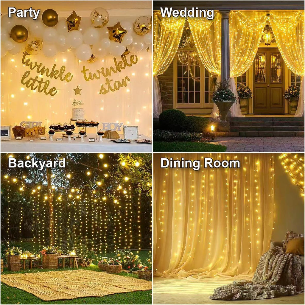 HXWEIYE 300 LED USB Fairy Curtain Lights - 9.8x9.8ft 8 Modes Remote for Bedroom Wedding Decor