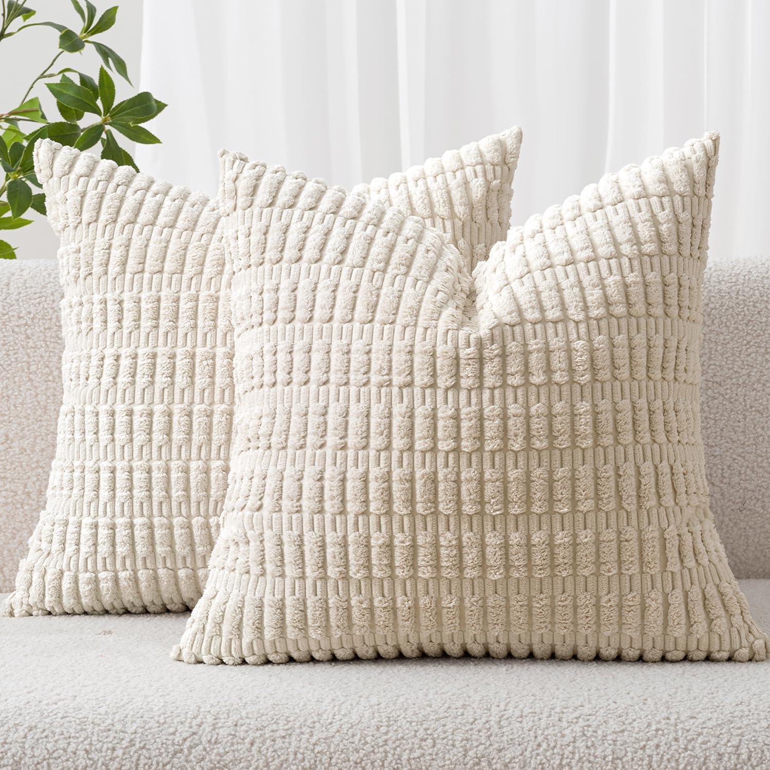 MIULEE Pack of 2 Corduroy Striped Throw Pillow Covers 18x18 Cream White Modern Home Decor