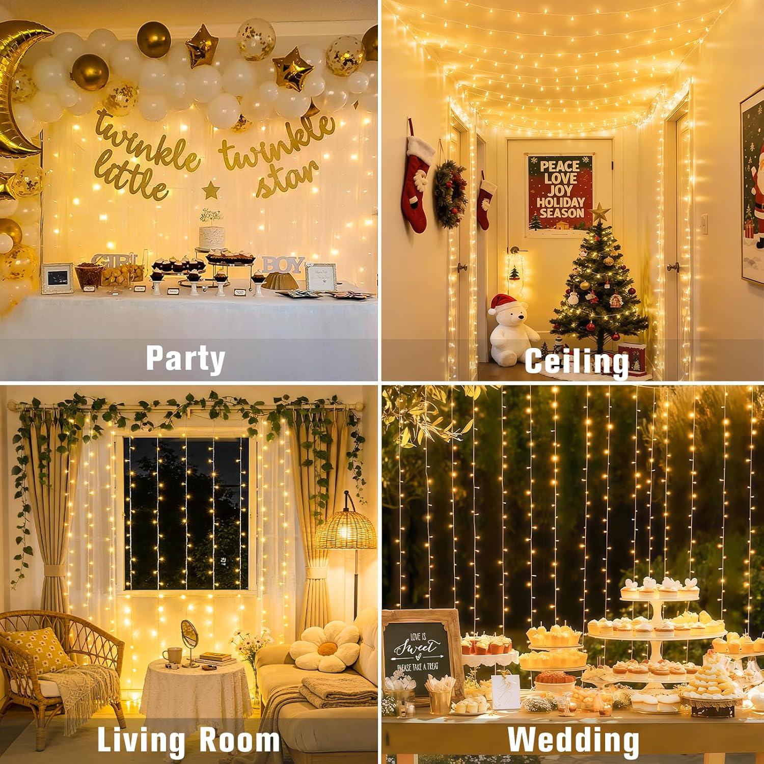 JMEXSUSS 300 LED Remote Control Indoor Outdoor Curtain Lights - Warm White