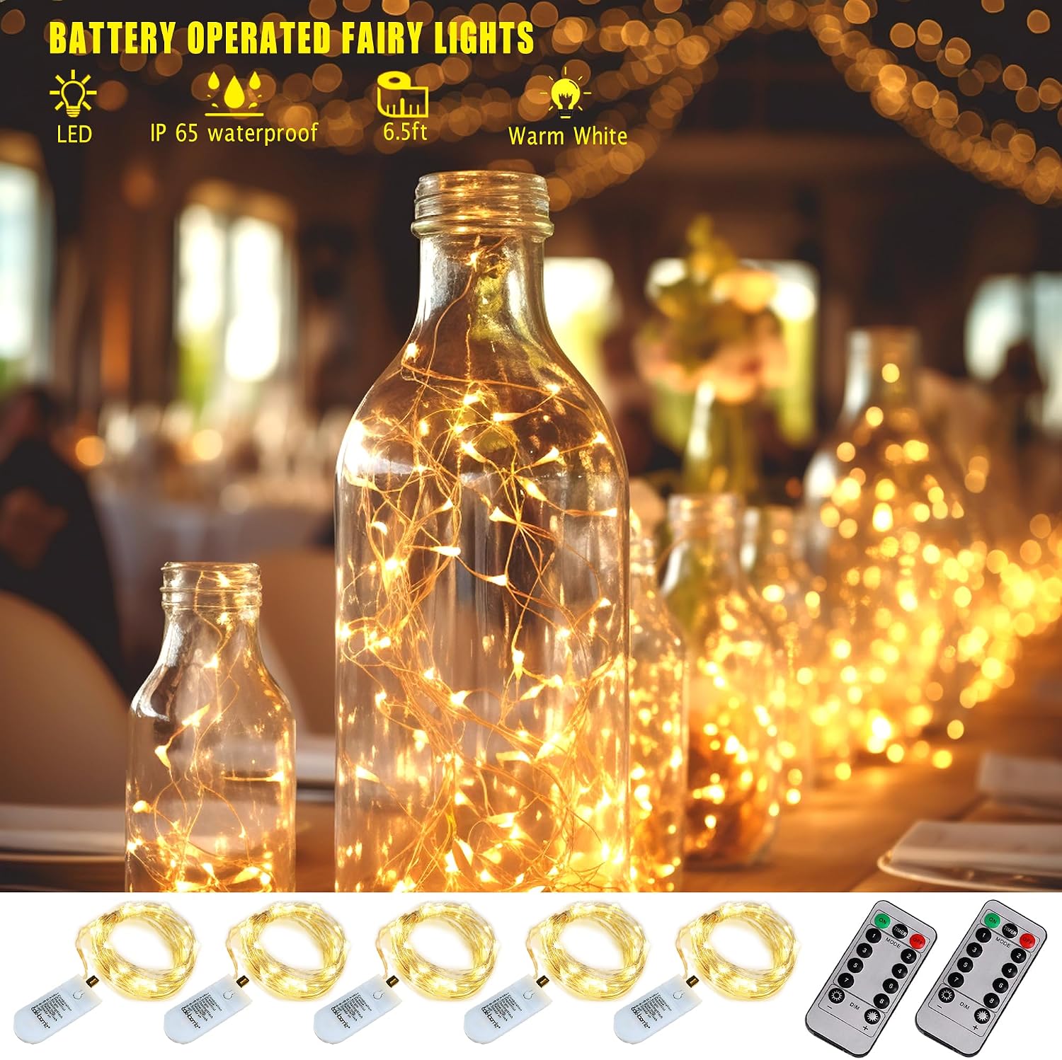 OakHaomie 6-Pack Battery Fairy Lights w/Remote Timer - Waterproof Warm White Twinkle String Lights