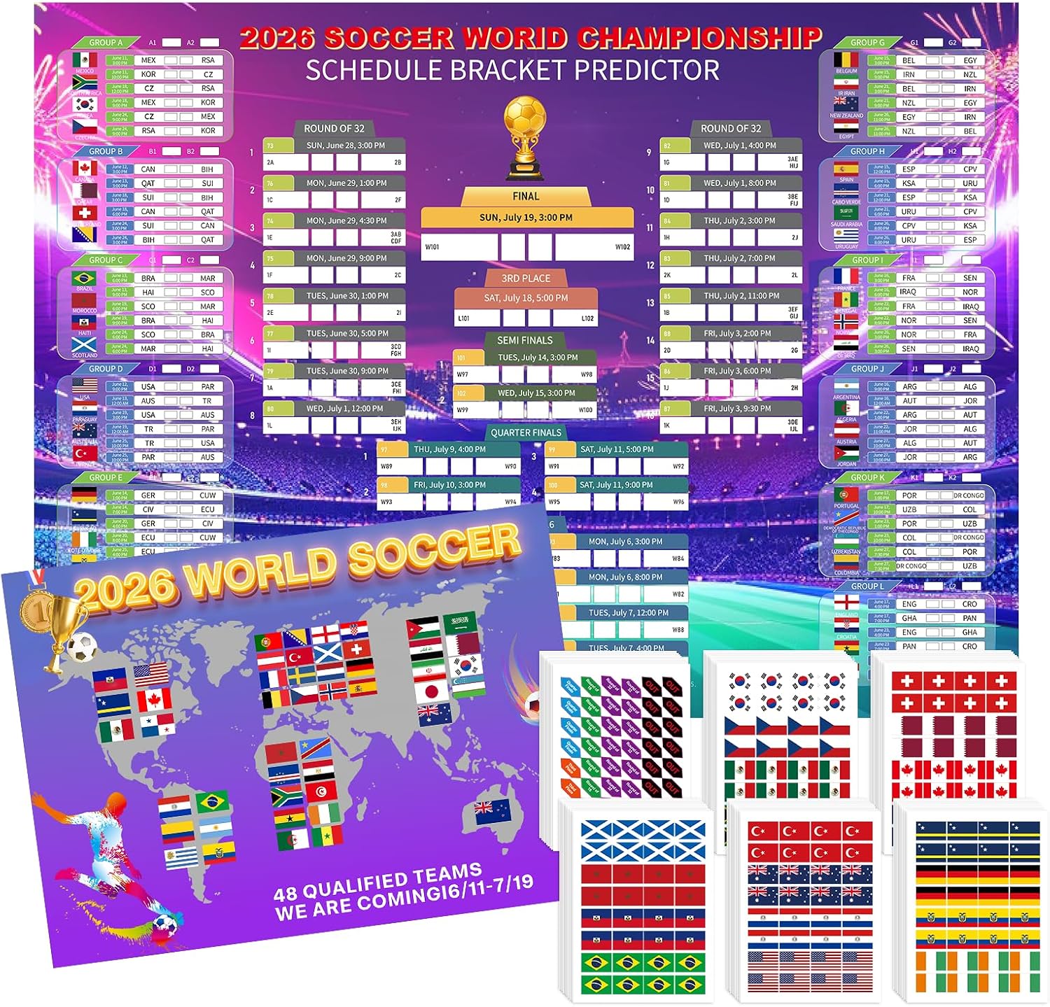 AOXFOXMAS 2026 Soccer Cup Schedule Poster Kit - 43x32 Inch Dual Posters & Tracking Stickers for Fans