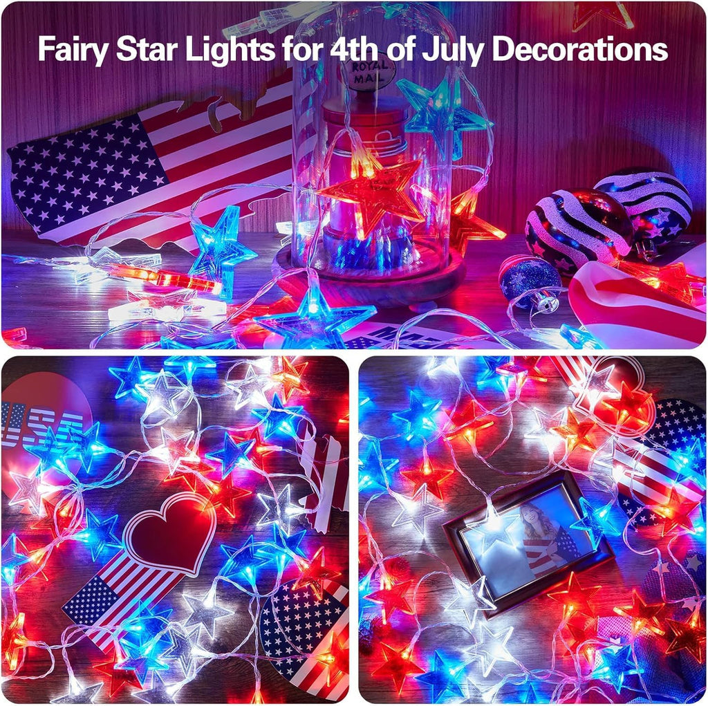 Dirnun 40-LED Red White Blue Star String Lights - 4th of July Patriotic Decor with Remote