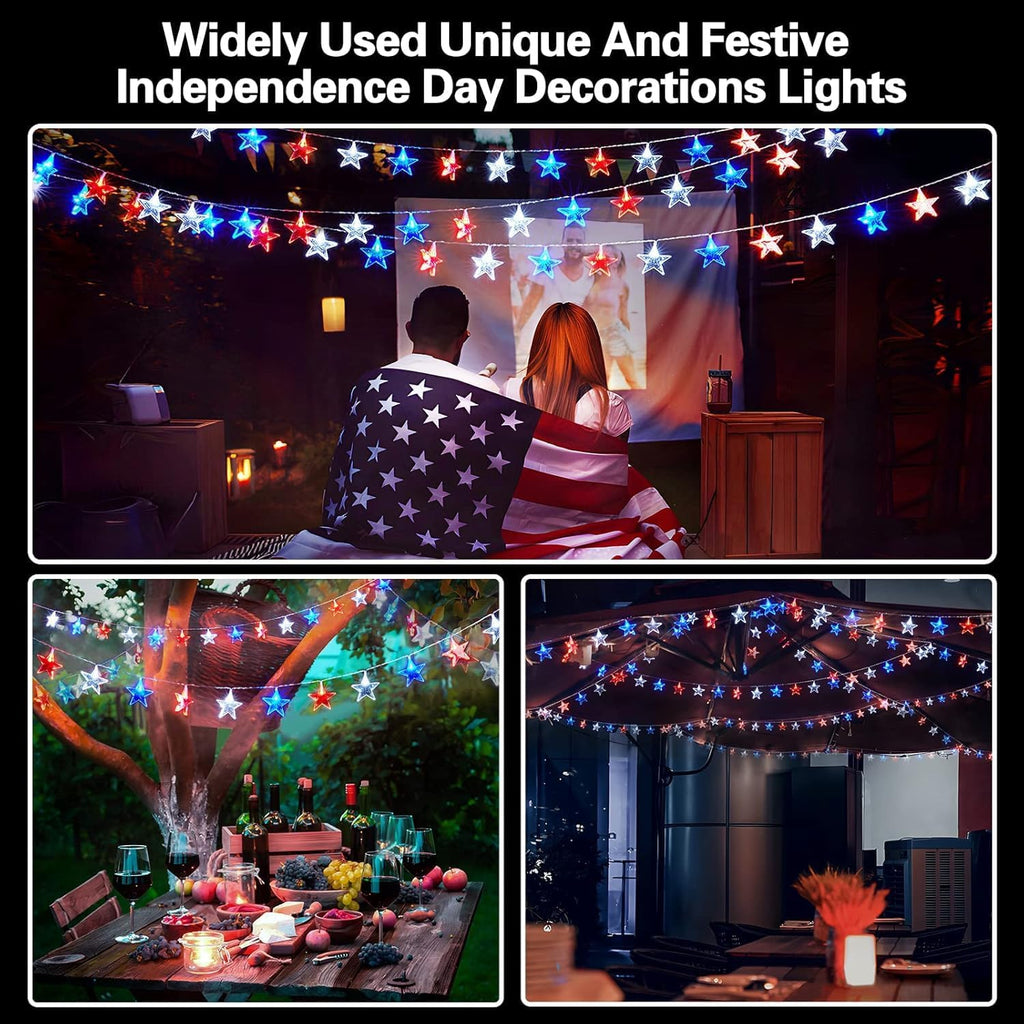 Dirnun 40-LED Red White Blue Star String Lights - 4th of July Patriotic Decor with Remote