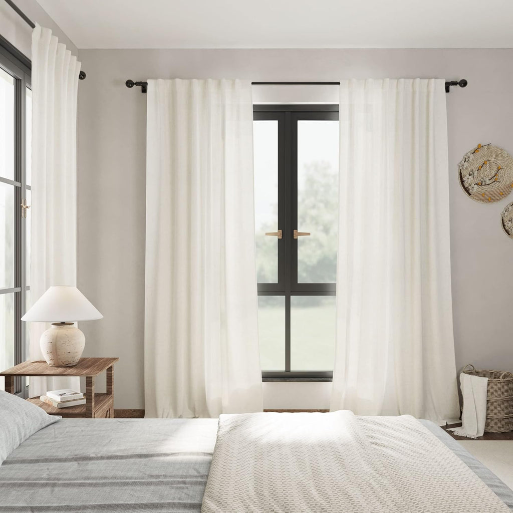 Nanspring 84" Linen Blend Back Tab Curtains (2 Panels) - Modern Farmhouse Semi Sheer Drapes