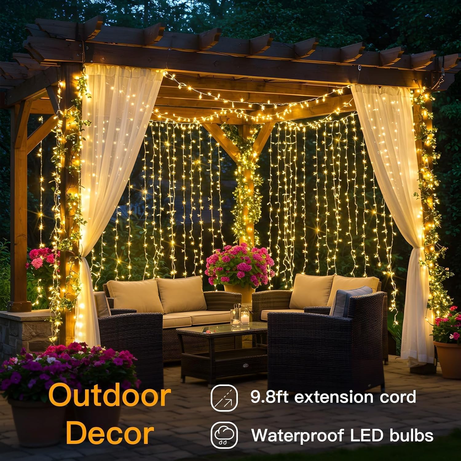 Suddus 200 LED Warm White Indoor/Outdoor Curtain Lights - Fairy String Lights for Bedroom, Christmas Decor