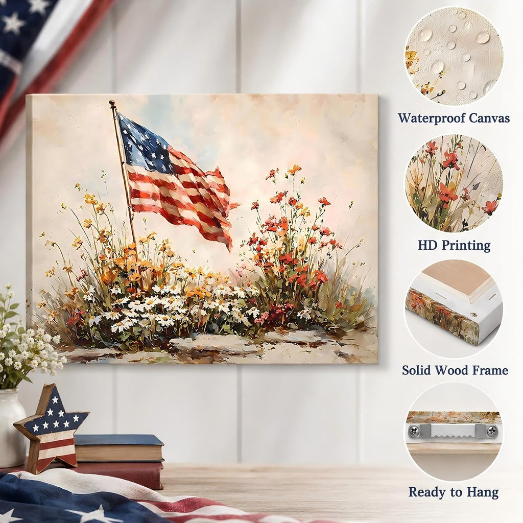 RIBNTAK 4th of July American Flag Canvas Wall Art - Framed Patriotic Print 8x12in