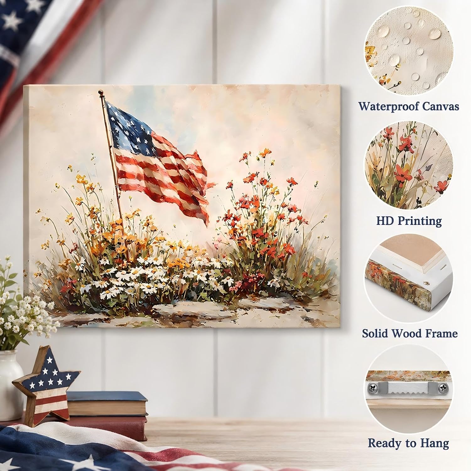 RIBNTAK 4th of July American Flag Canvas Wall Art - Framed Patriotic Print 8x12in