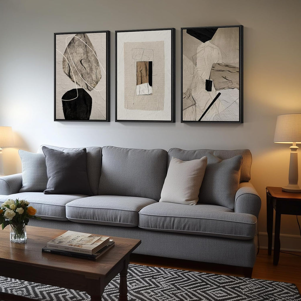 Large Framed Neutral Abstract Wall Art Set for Living Room - 3 Piece Canvas Prints (24x36 Inch)