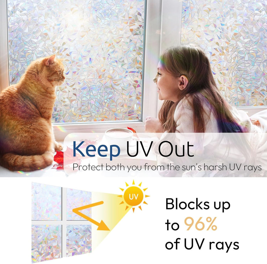 rabbitgoo Rainbow Window Film - Decorative Stained Glass Cling for Privacy & UV Protection