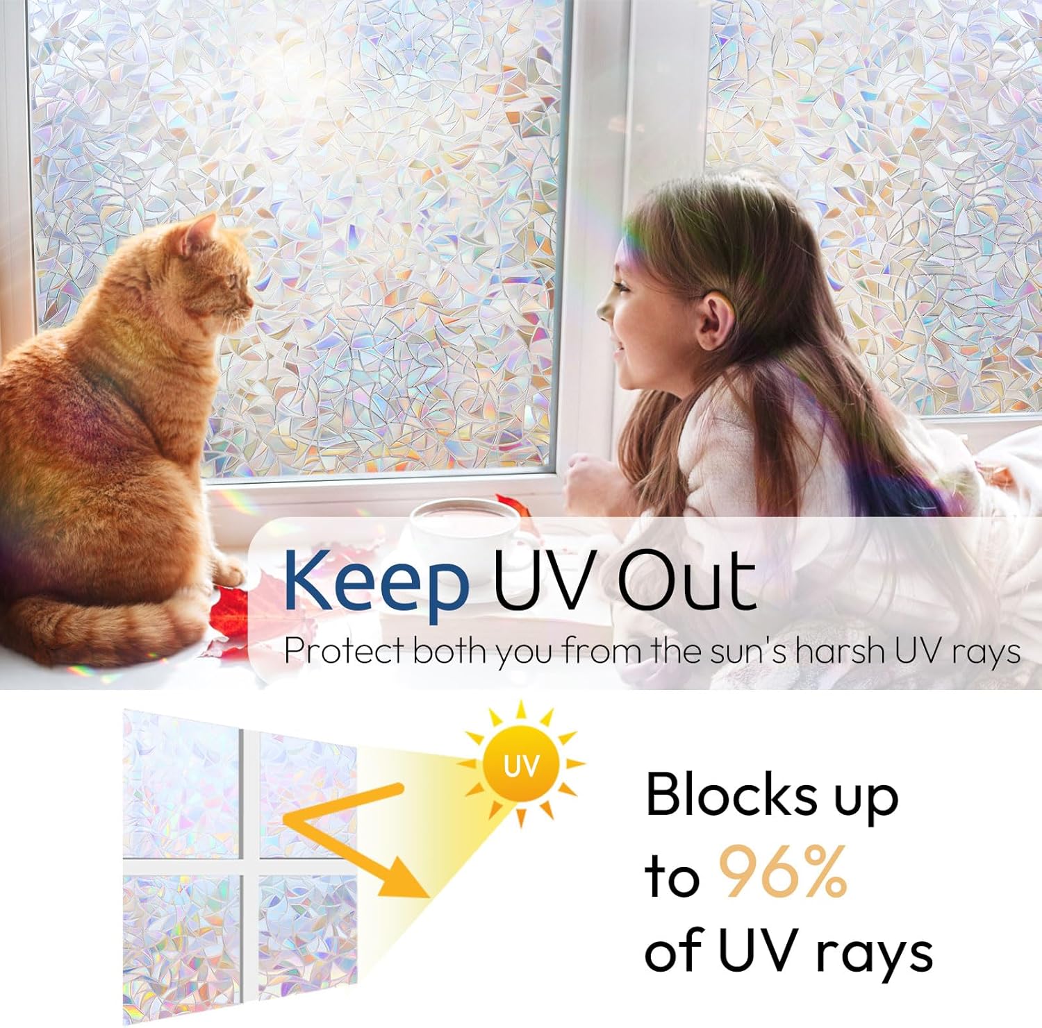 rabbitgoo Rainbow Window Film - Decorative Stained Glass Cling for Privacy & UV Protection