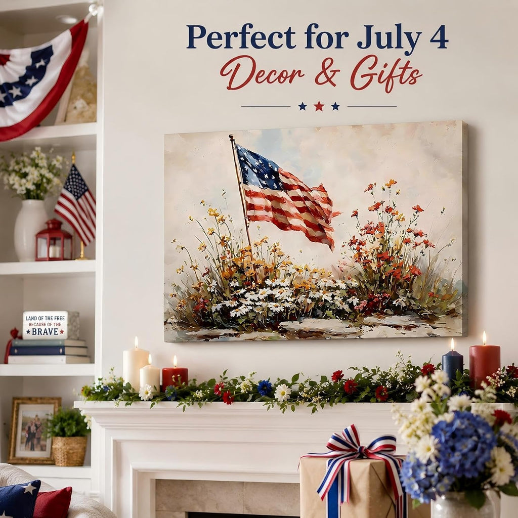 RIBNTAK 4th of July American Flag Canvas Wall Art - Framed Patriotic Print 8x12in