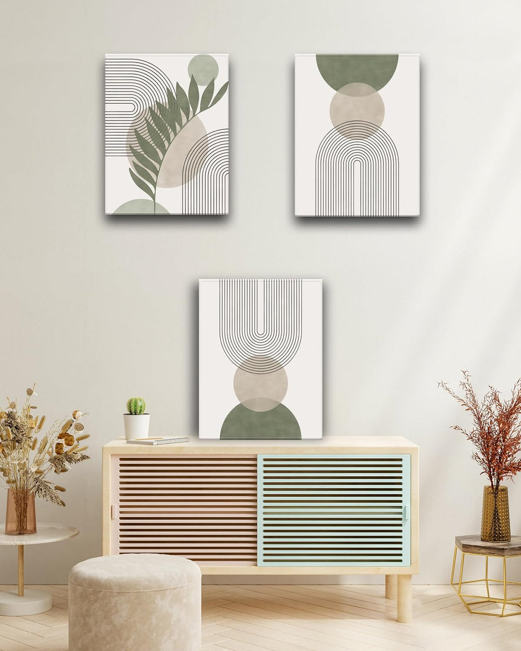 HesenDot Sage Green Boho Framed Canvas Wall Art - 3 Pack for Bedroom/Bathroom/Office