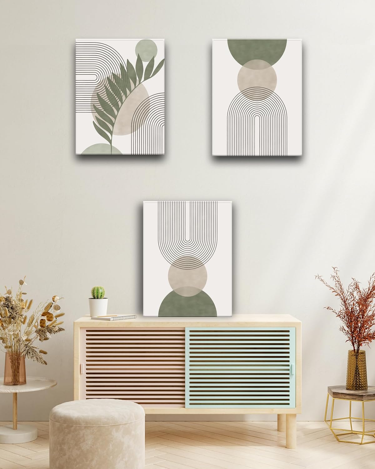 HesenDot Sage Green Boho Framed Canvas Wall Art - 3 Pack for Bedroom/Bathroom/Office