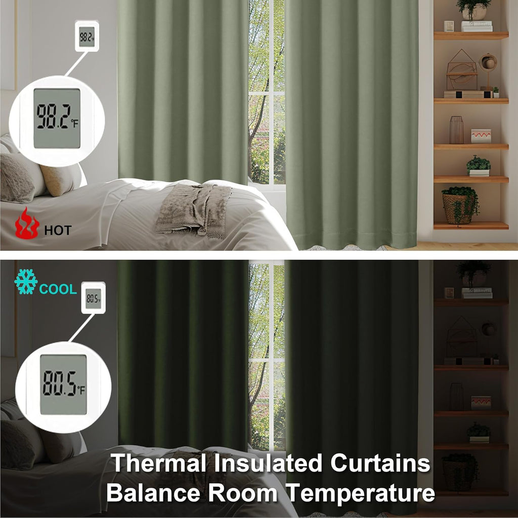 Simplebrand Sage Green Blackout Curtains - Bedroom Thermal Insulated Drapes, 63" Length, 2 Panels