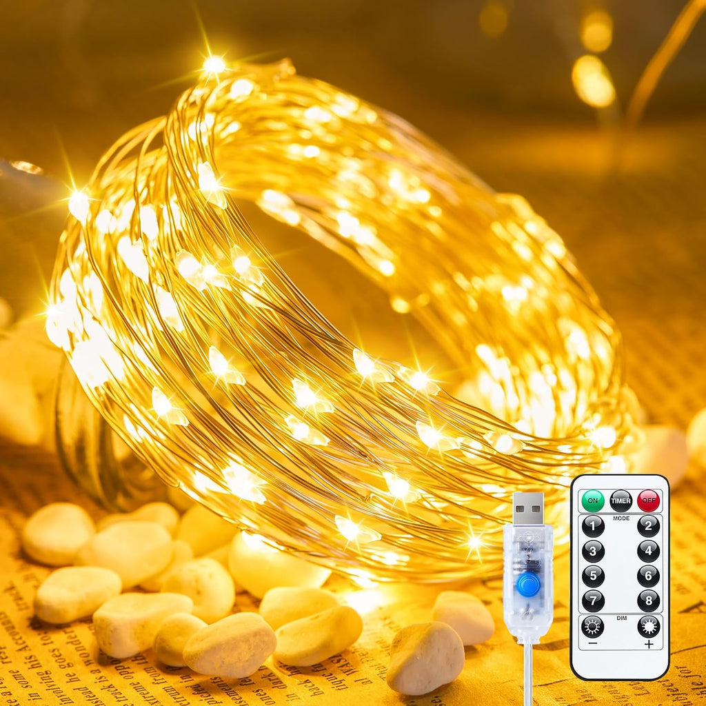 Minetom 33ft USB Fairy Lights - Waterproof Timer & Remote, 100 Warm White LEDs for Home Decor