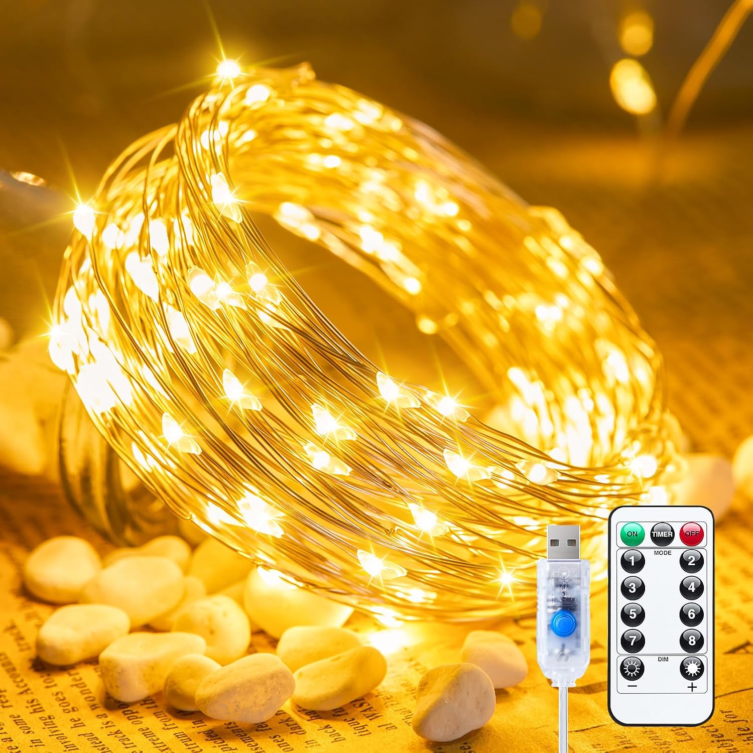 Minetom 33ft USB Fairy Lights - Waterproof Timer & Remote, 100 Warm White LEDs for Home Decor