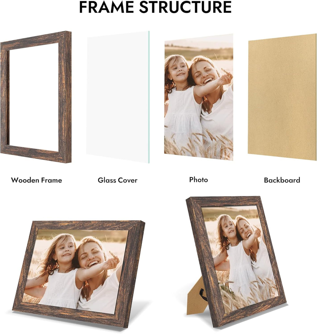 Hongkee 8x10 Wooden Picture Frame - Real Glass Rustic Brown, Wall/Tabletop Display