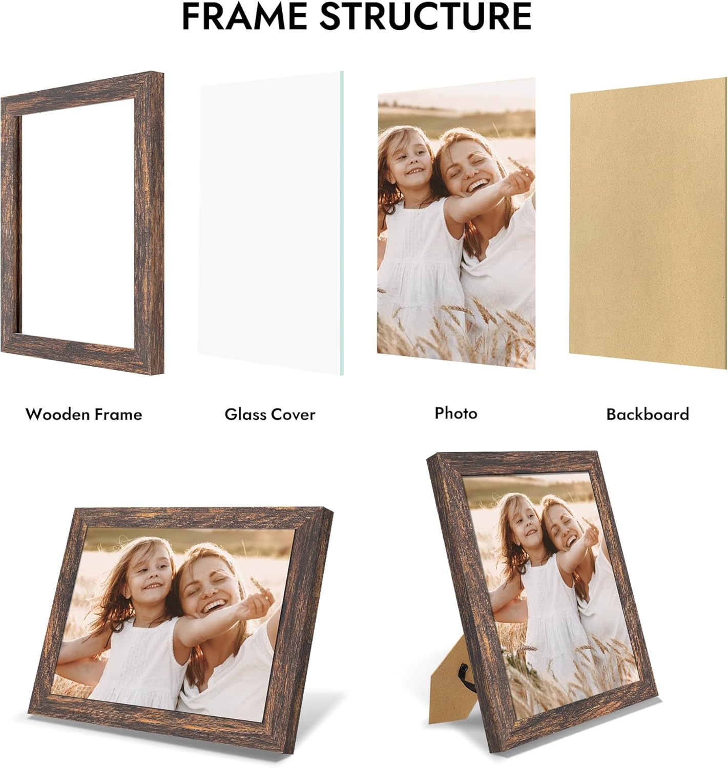 Hongkee 8x10 Wooden Picture Frame - Real Glass Rustic Brown, Wall/Tabletop Display