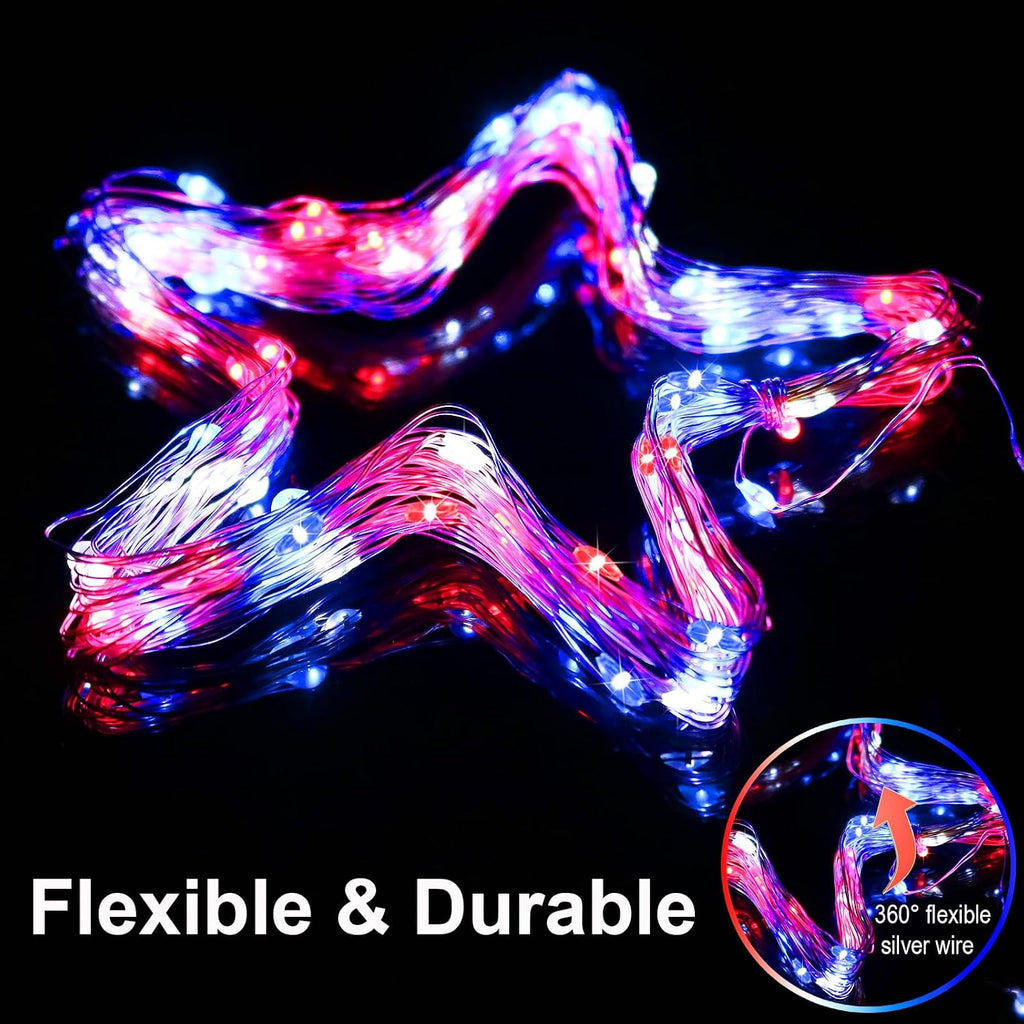 4th of July Patriotic Decorations - Red White Blue Battery String Lights (2 Pack, 33ft) by YAOZHOU