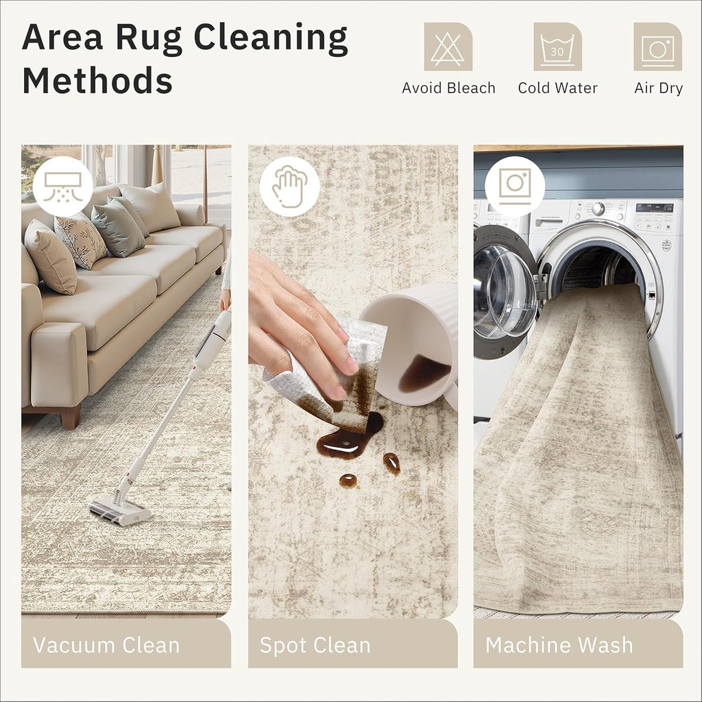Soalmost Vintage Beige Geometric 8x10 Washable Area Rug for Living Room