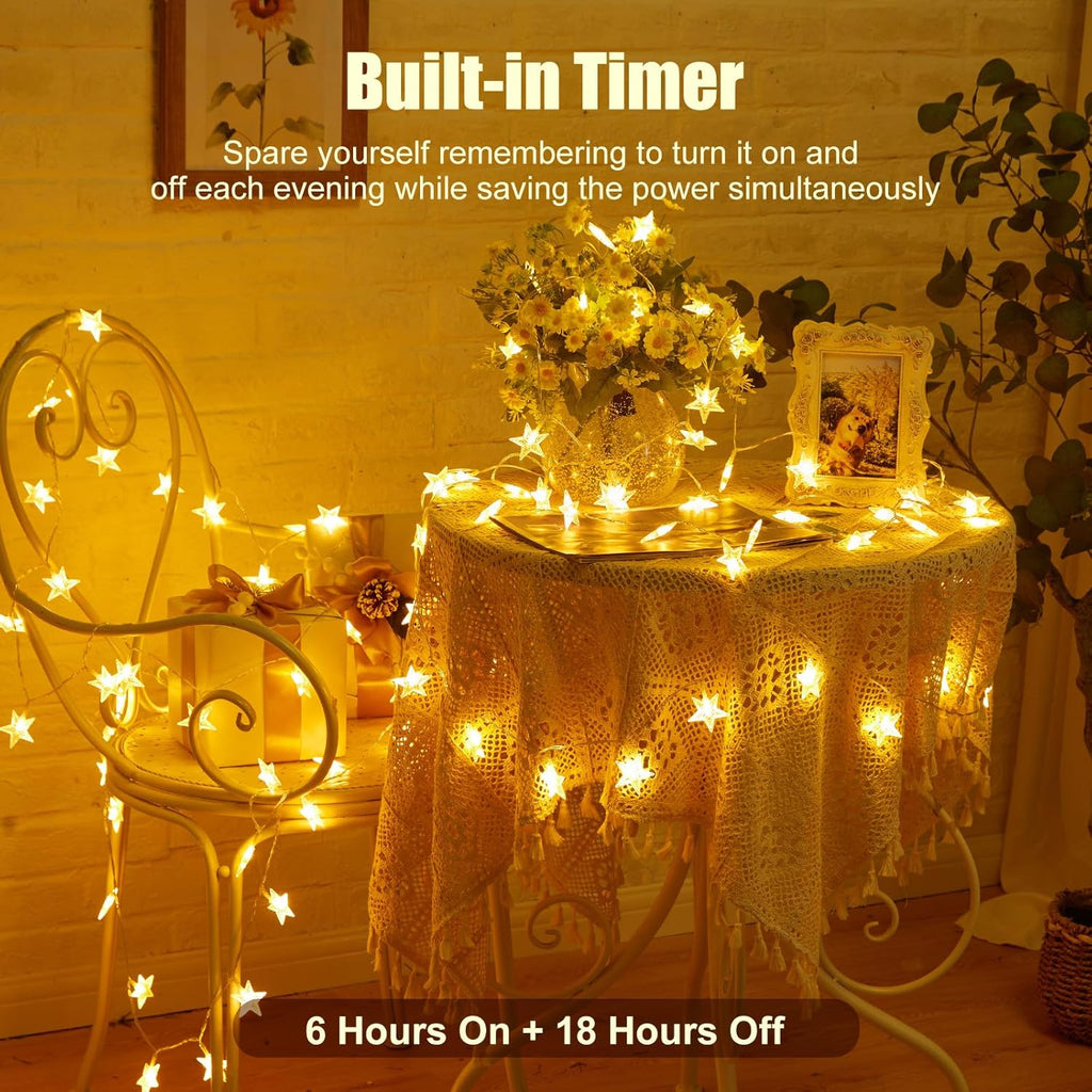 Minetom 17ft 50-LED Battery Timer Star Fairy String Lights for Indoor Outdoor Decor