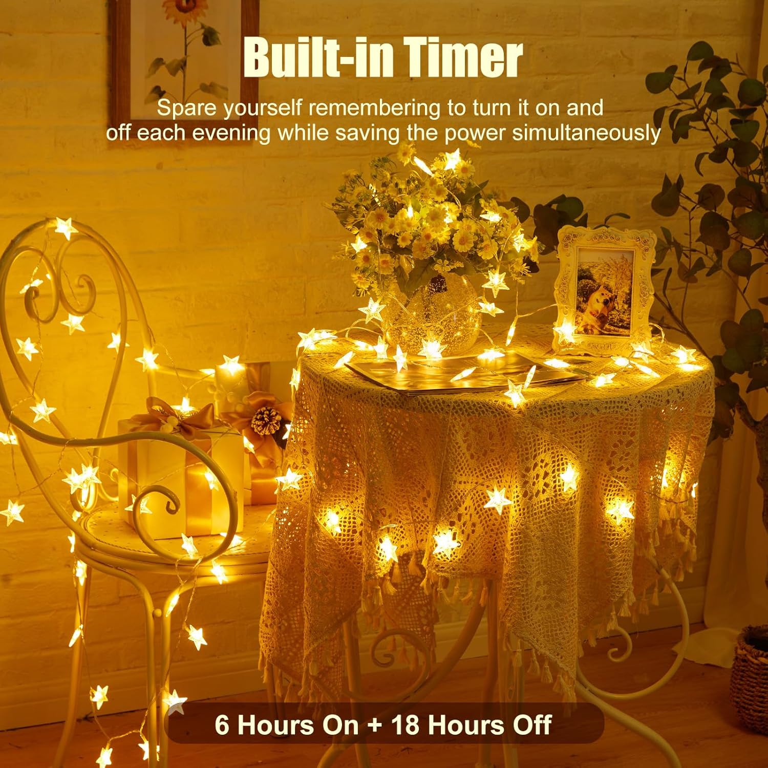 Minetom 17ft 50-LED Battery Timer Star Fairy String Lights for Indoor Outdoor Decor