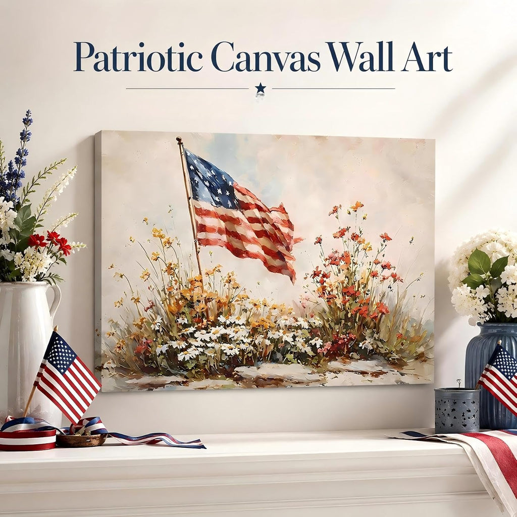 RIBNTAK 4th of July American Flag Canvas Wall Art - Framed Patriotic Print 8x12in